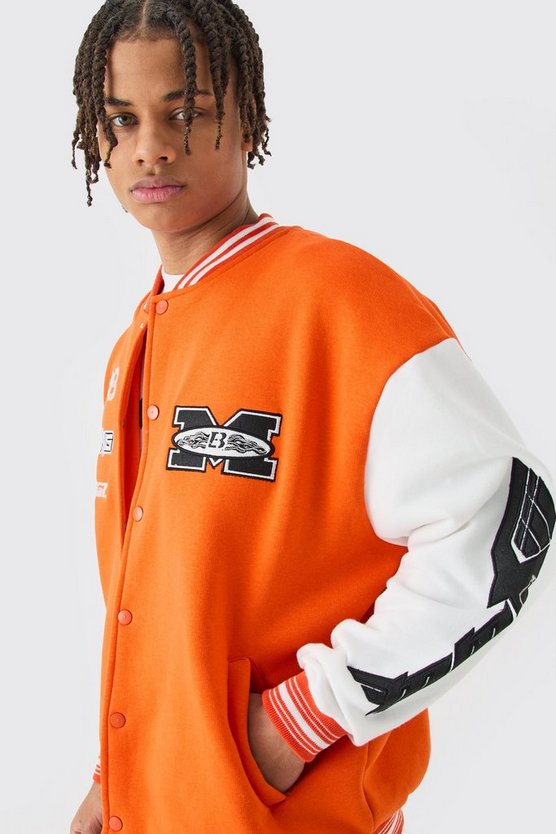 Oversize Jersey-Bomberjacke mit Moto-Applikation