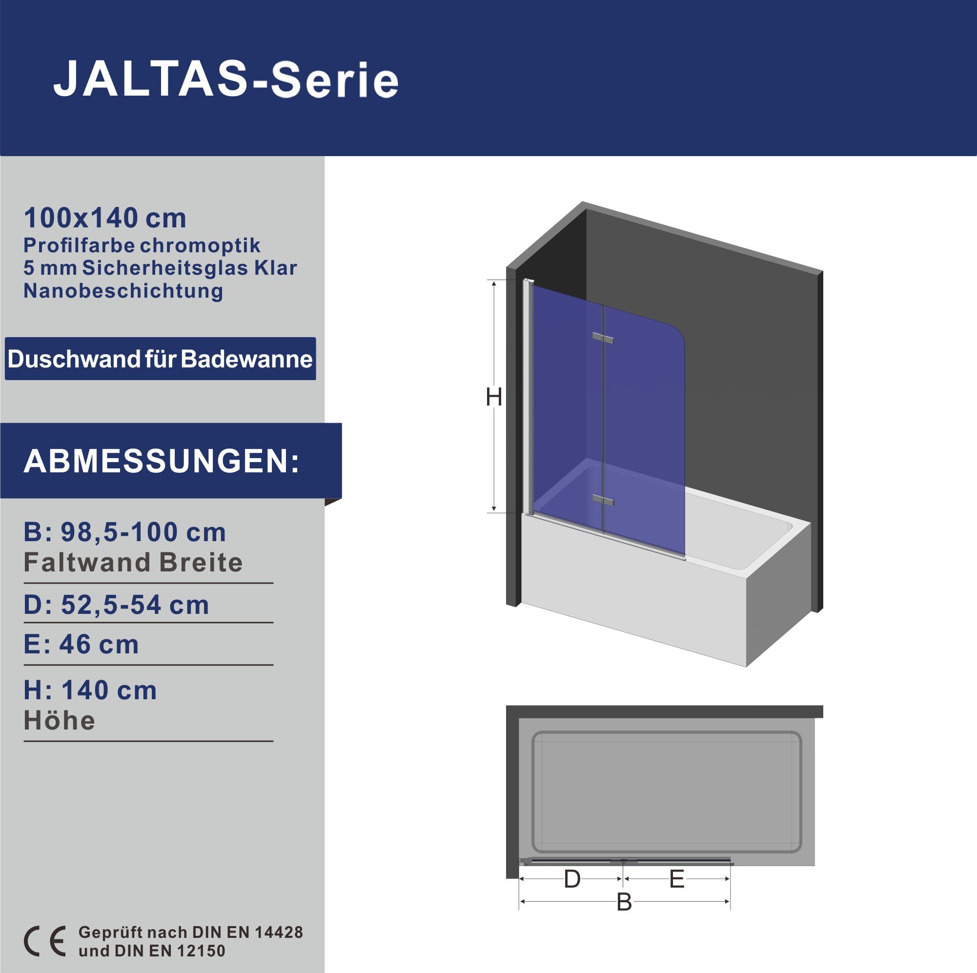 AQUALAVOS Badewannenaufsatz Badewannenaufsatz Faltwand Badewannenfaltwand Duschwand für Badewanne, 5 mm Einscheiben-Sicherheitsglas (ESG) mit Lotus-Effekt Nanobeschichtung, in 2 verschiedenen Breiten (100/120 cm), Höhe: 140 cm, Spritzschutz im Bad, g