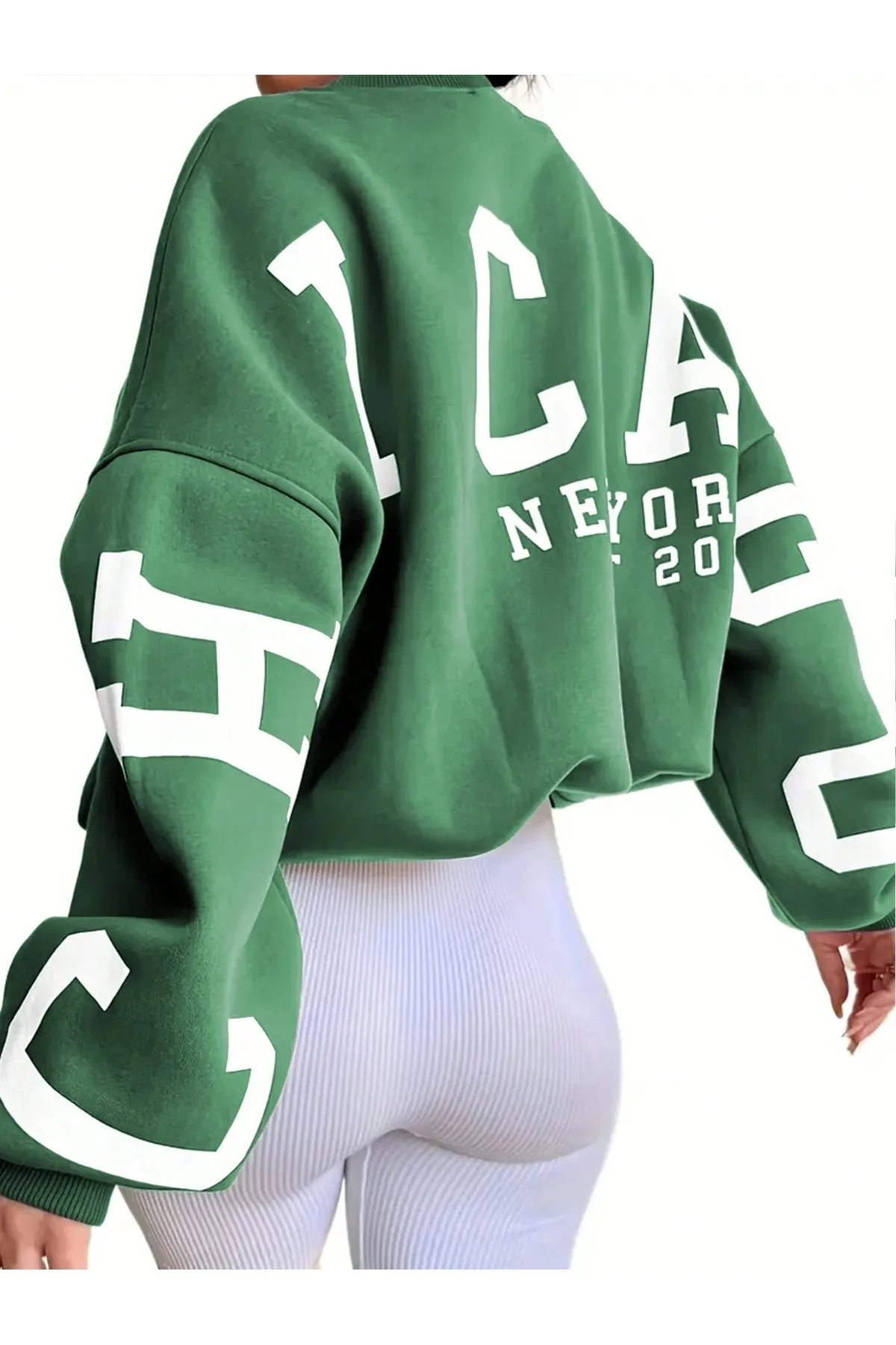 Know  Marineblaues, bedrucktes Chicago-Sweatshirt mit Rundhalsausschnitt und grünen Ärmeln für Damen