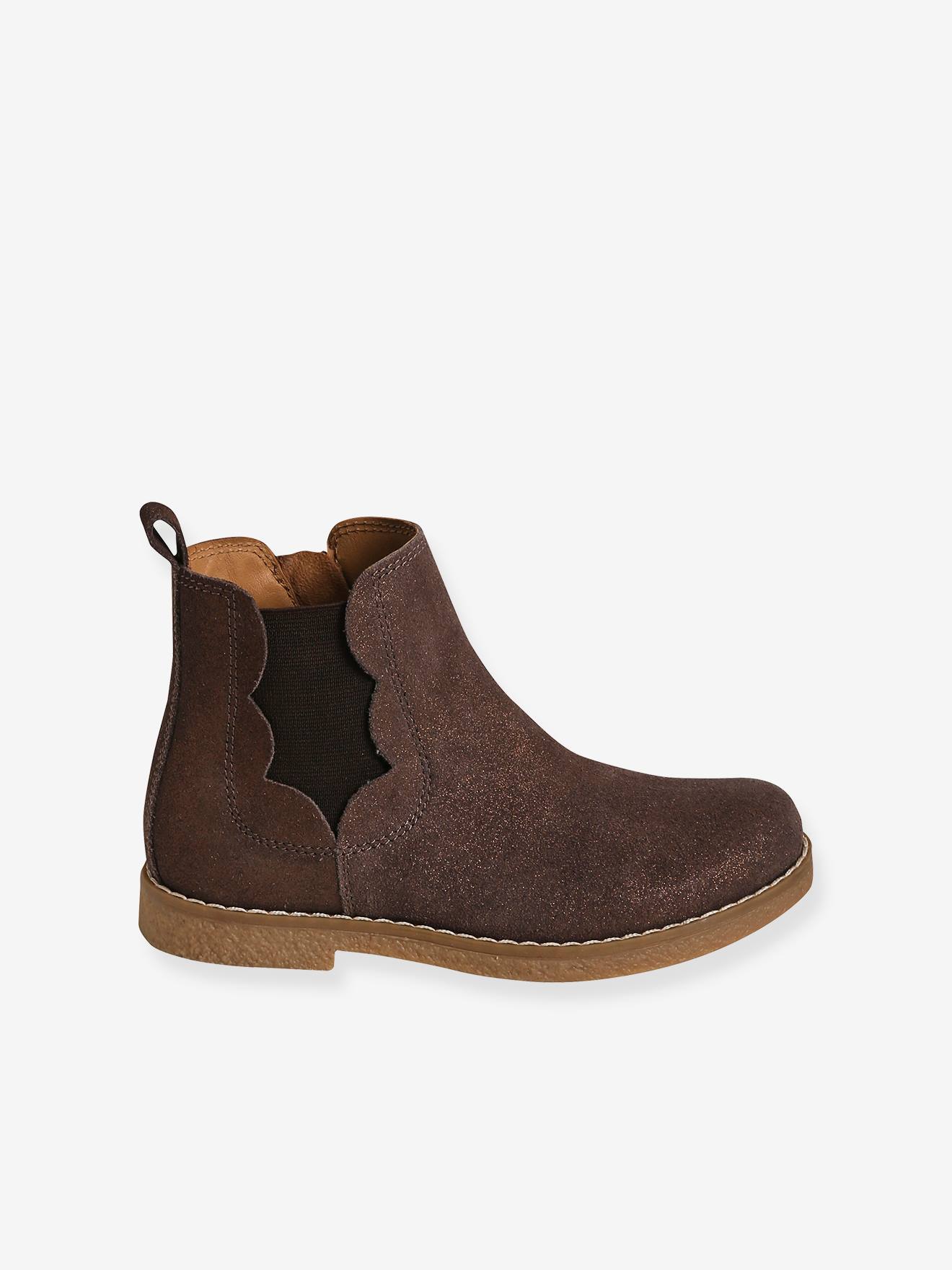 Boots cuir fille zippées et élastiquées marron irisé
