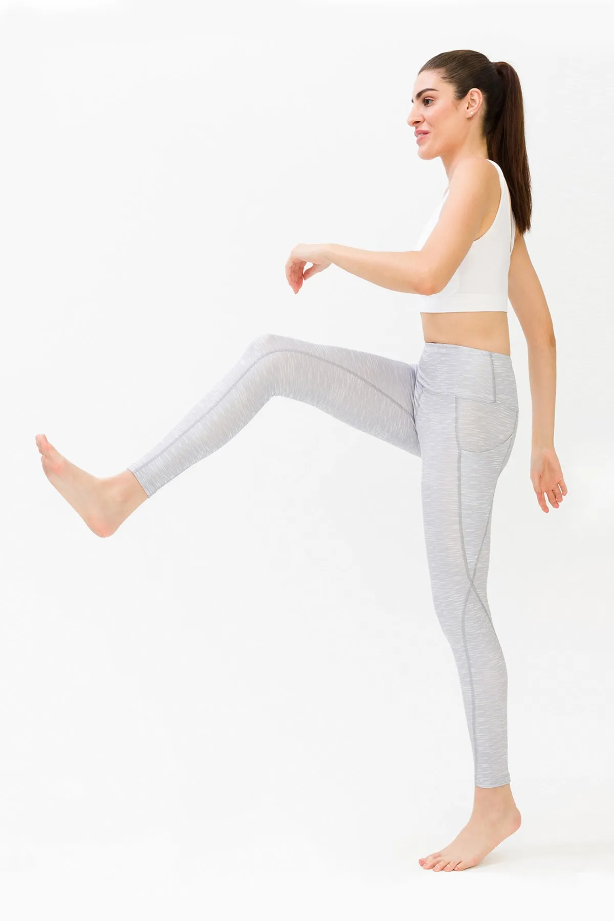 LOS OJOS  Damen-Sportstrumpfhose in Melange-Grau mit hoher Taille und doppelter Tasche