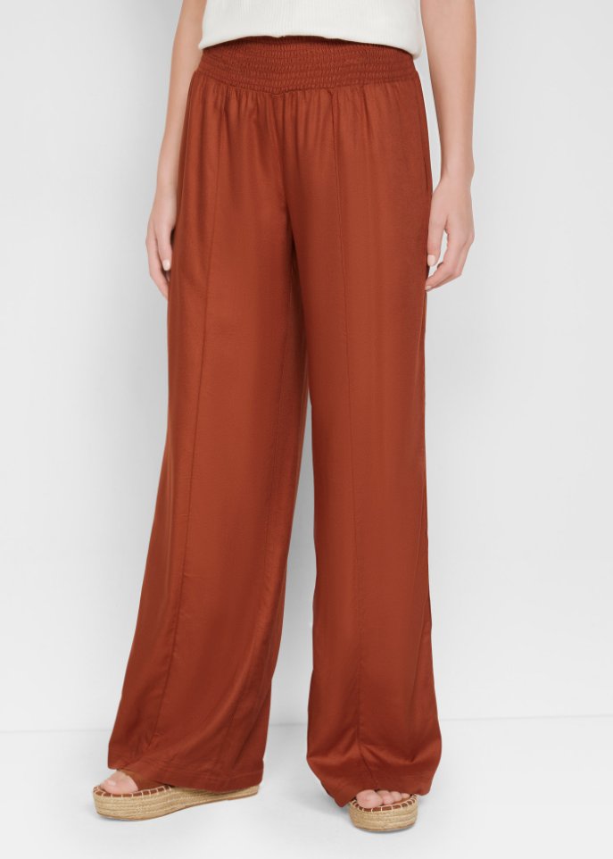 Weite Hose aus Viscose mit High-Waist-Smockbund, Crepegewebe