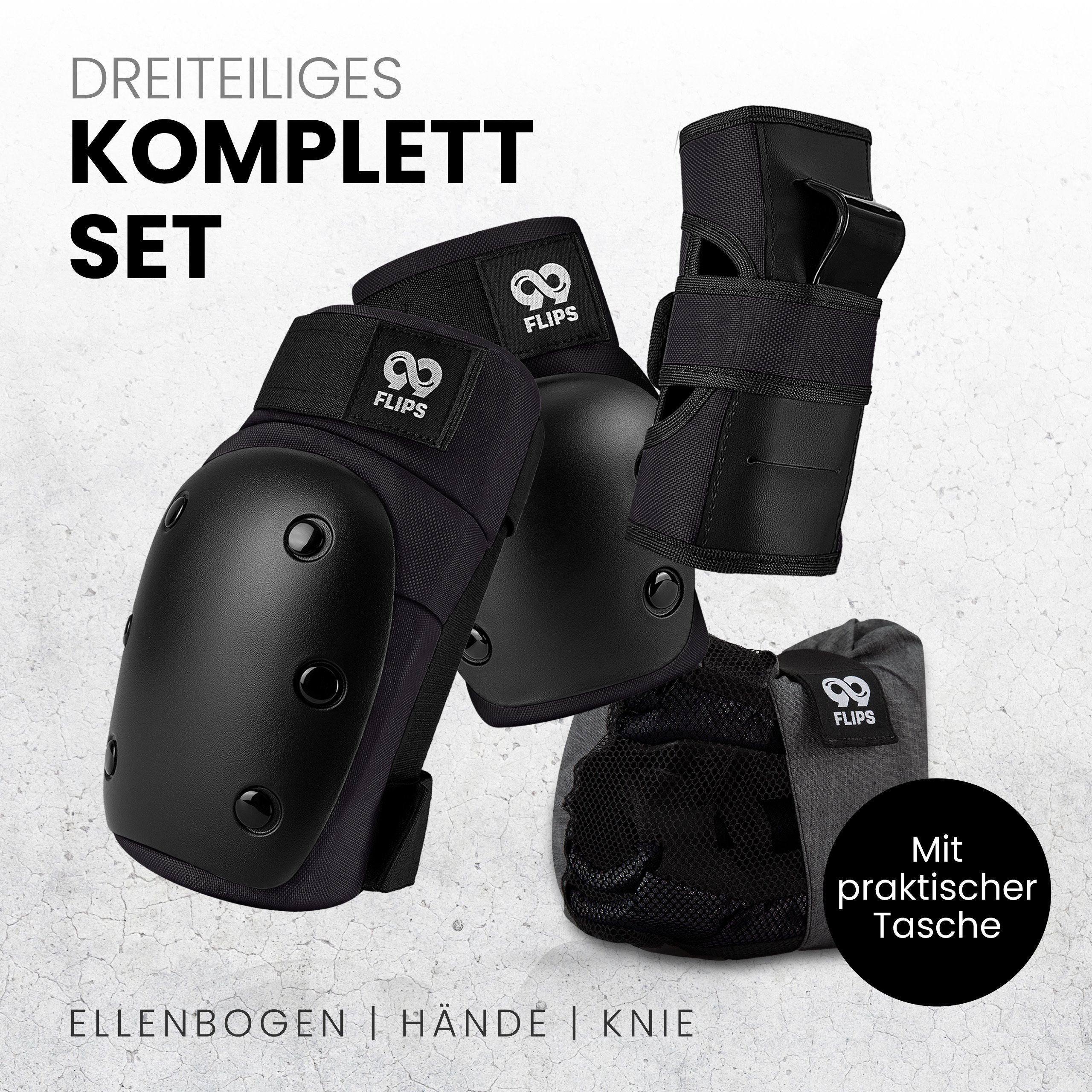 99FLIPS Protektoren-Set DIVE Protektoren Set Erwachsene Skateboard Inline Skates, Longboard (Protektoren Set Skateboard Erwachsene, 6-tlg., Inliner Schoner Knie-, Ellenbogen und Handgelenkschützer & Tragebeutel), Schlittschuhe Damen & Skateboard Erwa