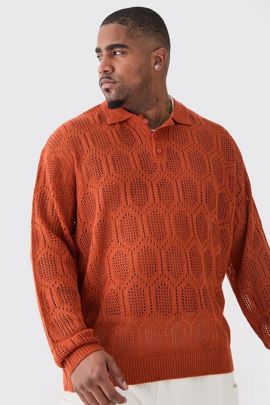 Plus langarmliges gehäkeltes Oversize Poloshirt