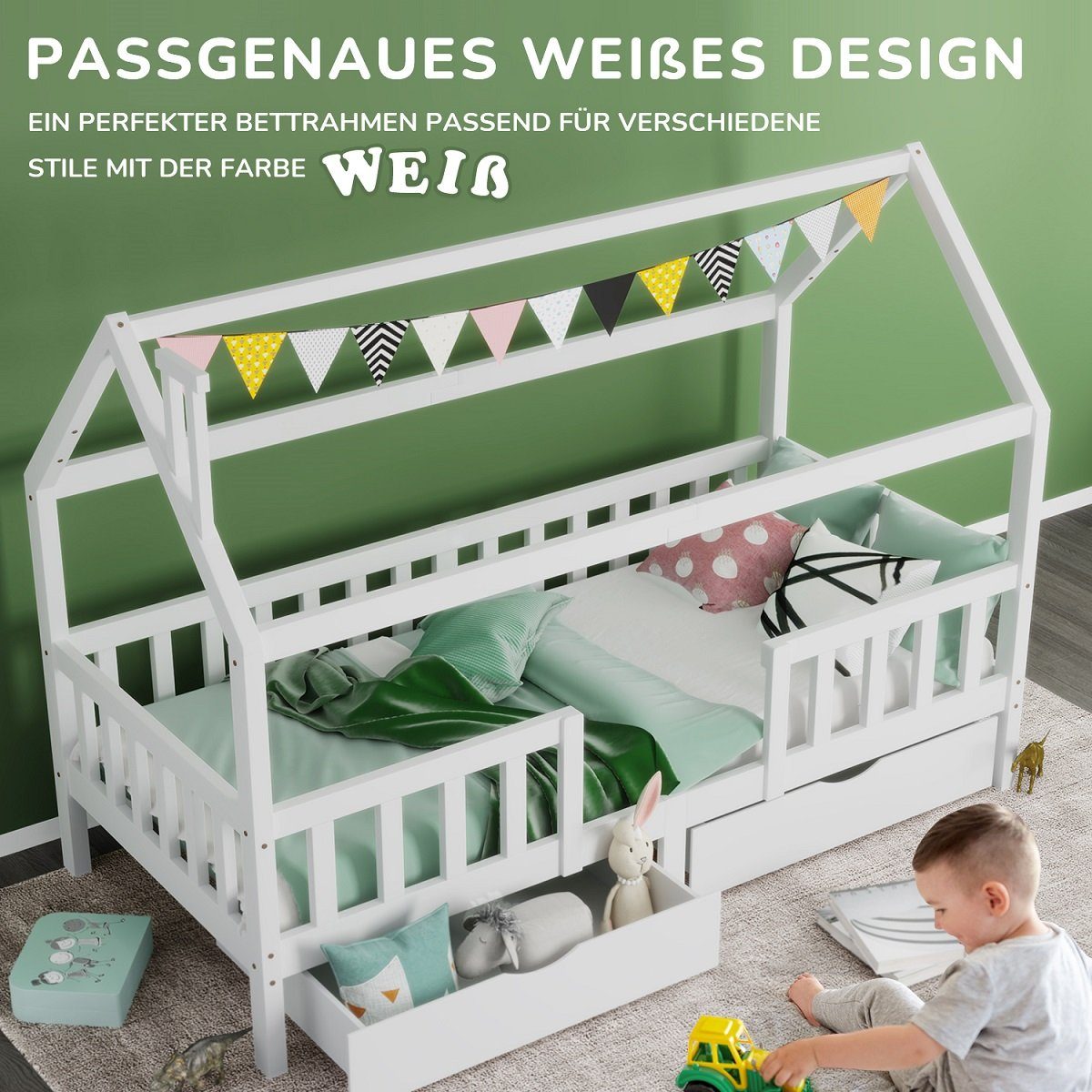 SIKAINI Holzbett L-DJ-28549091WAA, Kinderbett Hausbett mit Schornstein 90 x 200 cm ohne Matratze