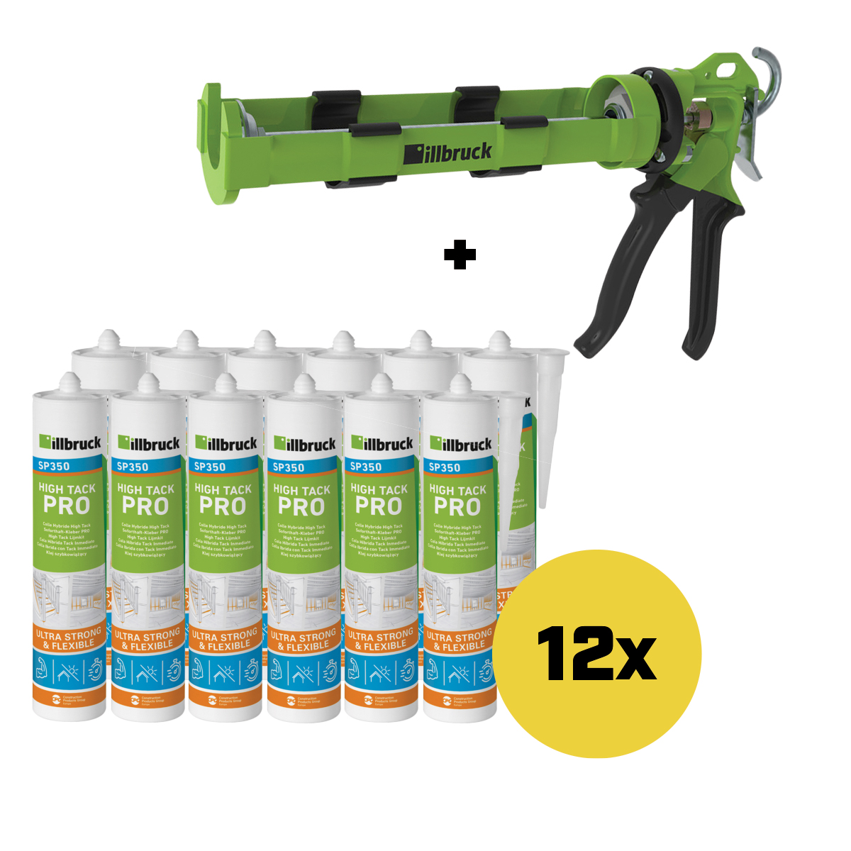 Conjunto illbruck SP350 preto - 12 selantes adesivos de alta aderência SP350 pretos + pistola de calafetagem AA873