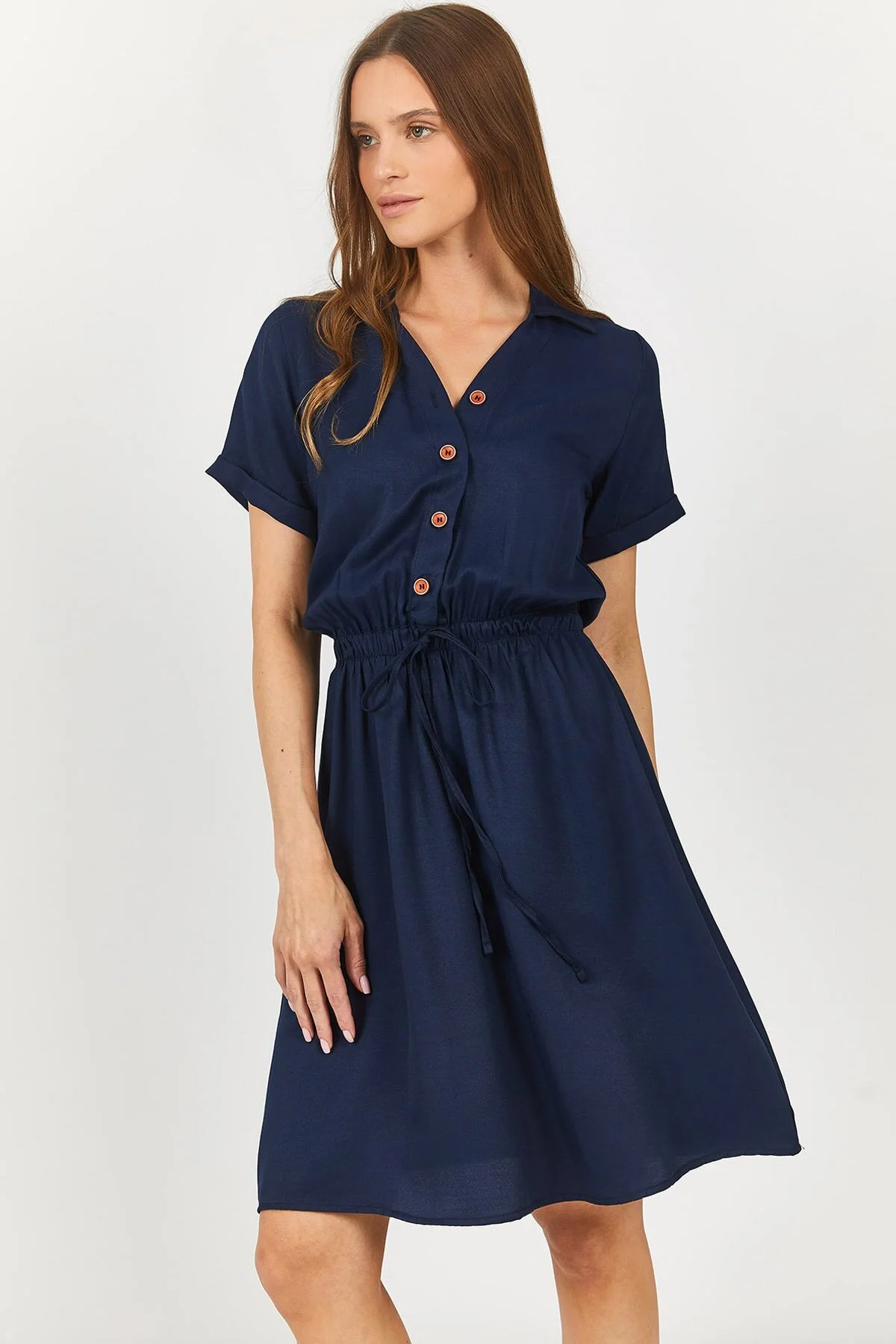 armonika  Marineblaues, kurzärmliges Hemdkleid mit elastischer Taille für Damen Arm-23y001035