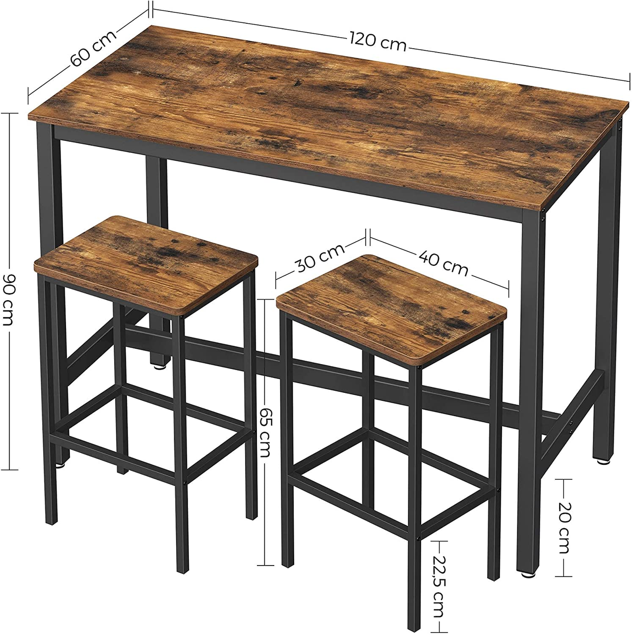 Vasagle Stehtisch-Set, 120x60x90cm/40x30x65cm, Rustikales Braun