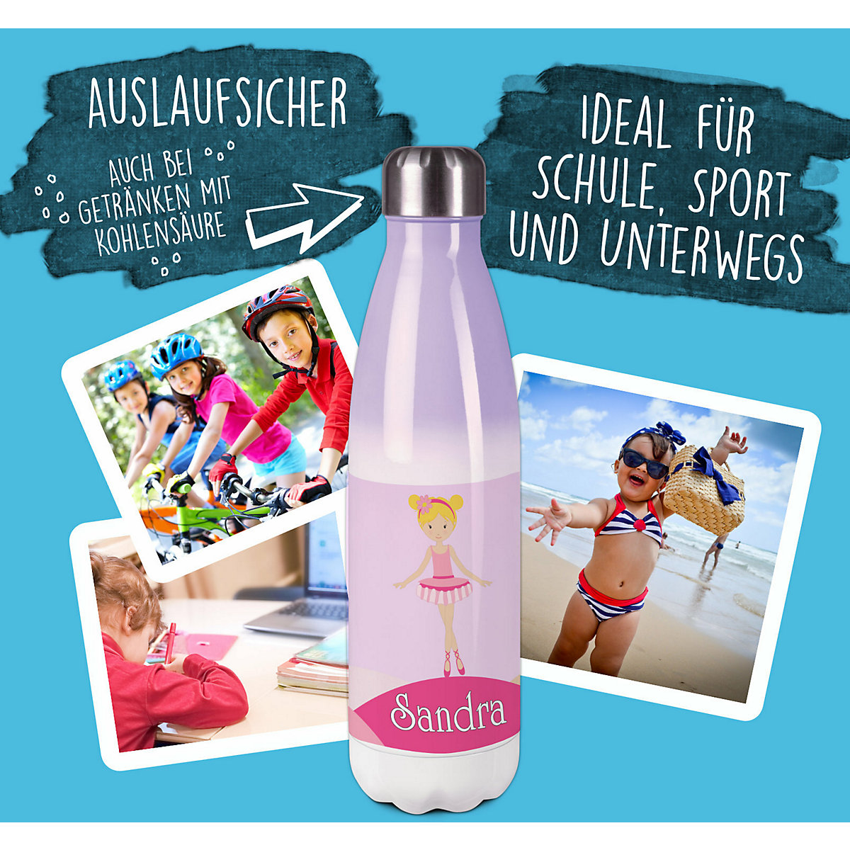 Edelstahl Kinder Thermoflasche / Trinkflasche bunt Balerina Spülmaschinenfest, Auslaufsicher, Bruchfest, Doppelwandig, Für Heißgetränke geeignet, Mit Deckel, Isoliert
