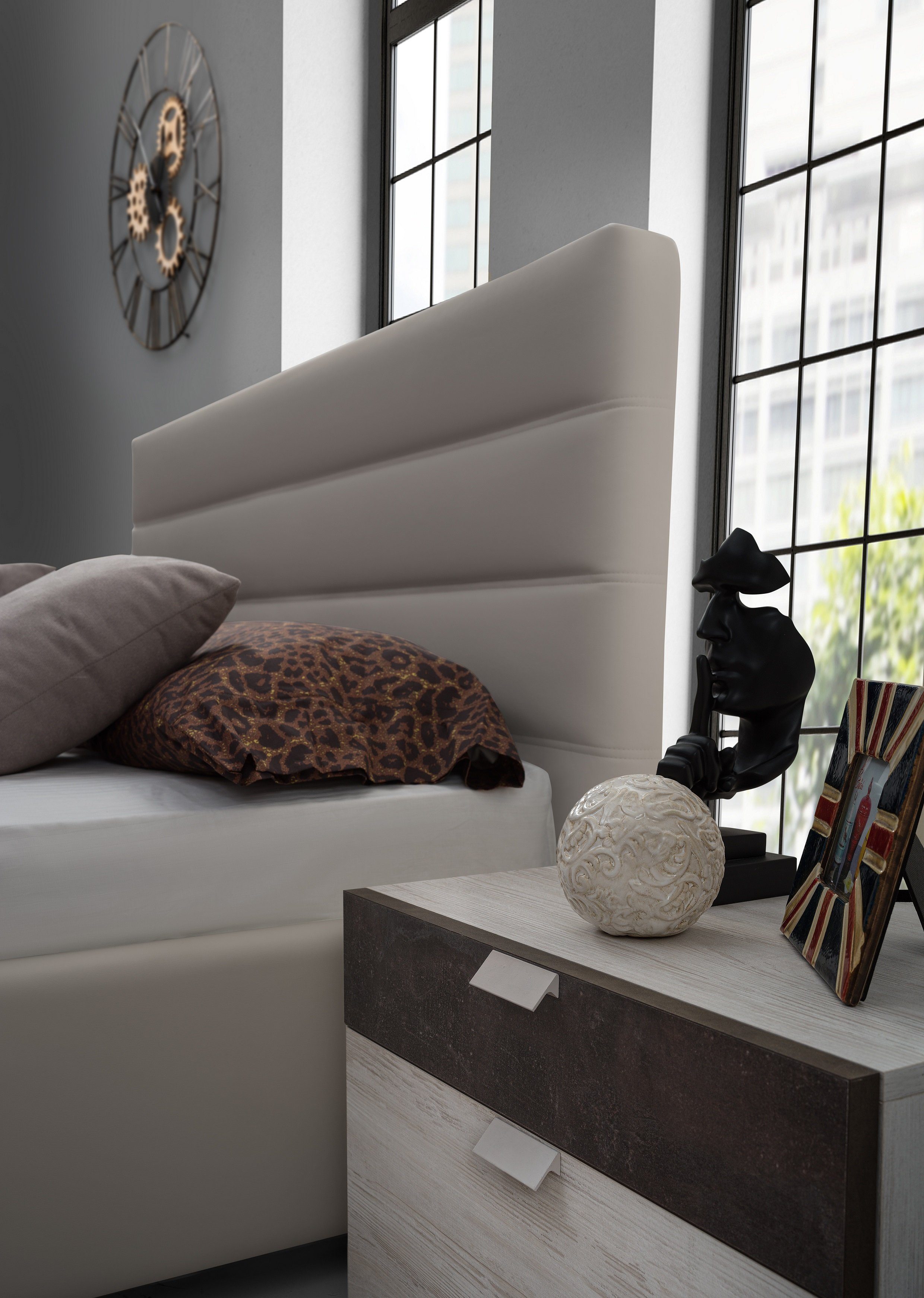 Interdesign24 Bettanlage Urbio, (3-teilig, bestehend aus Bett und 2 x Nachtkommode), in Creme/Beige/Braun