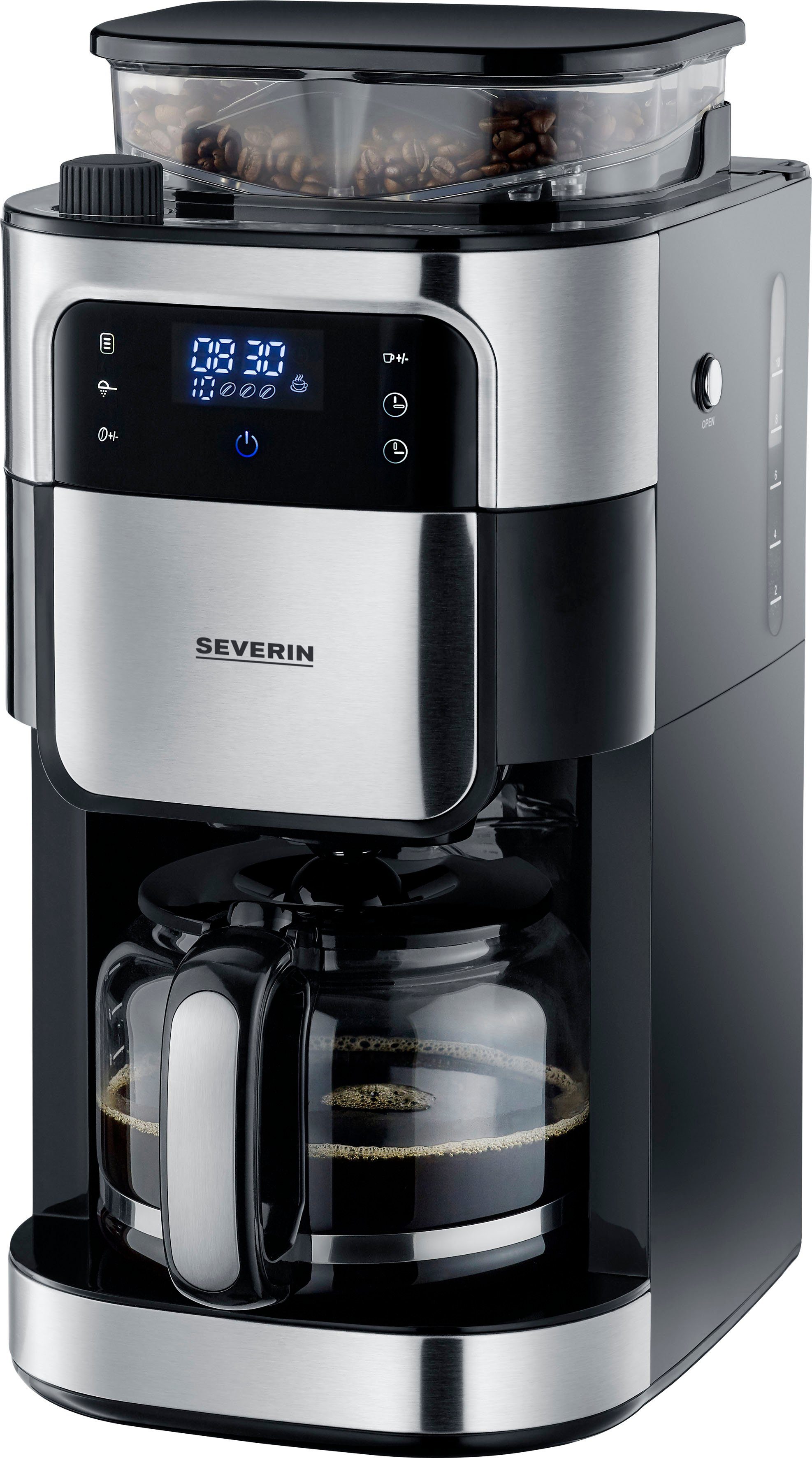 Severin Kaffeemaschine mit Mahlwerk KA 4813, 1,25l Kaffeekanne, Permanentfilter 1x4, Mahlgrad und Kaffeemenge einstellbar, Warmhalten: bis 60 Min., Timer
