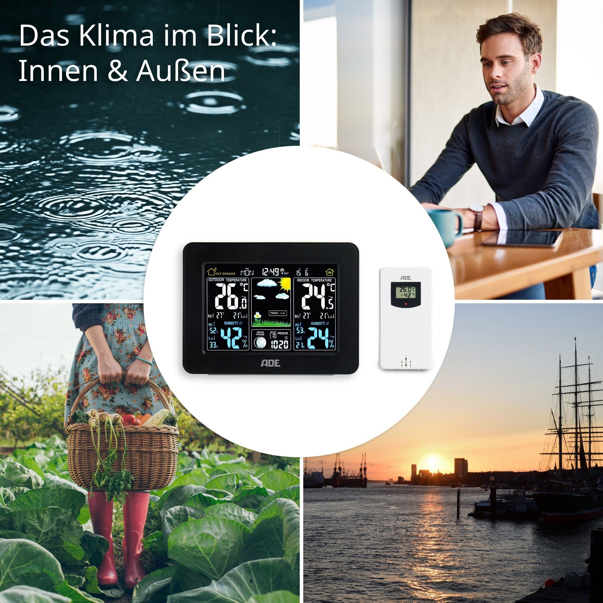 ADE Wetterstation Funk mit Außensensor und Vorhersage Funkwetterstation (mit Luftdruckanzeige, LED-Farbdisplay, Weckfunktion, beleuchtet)