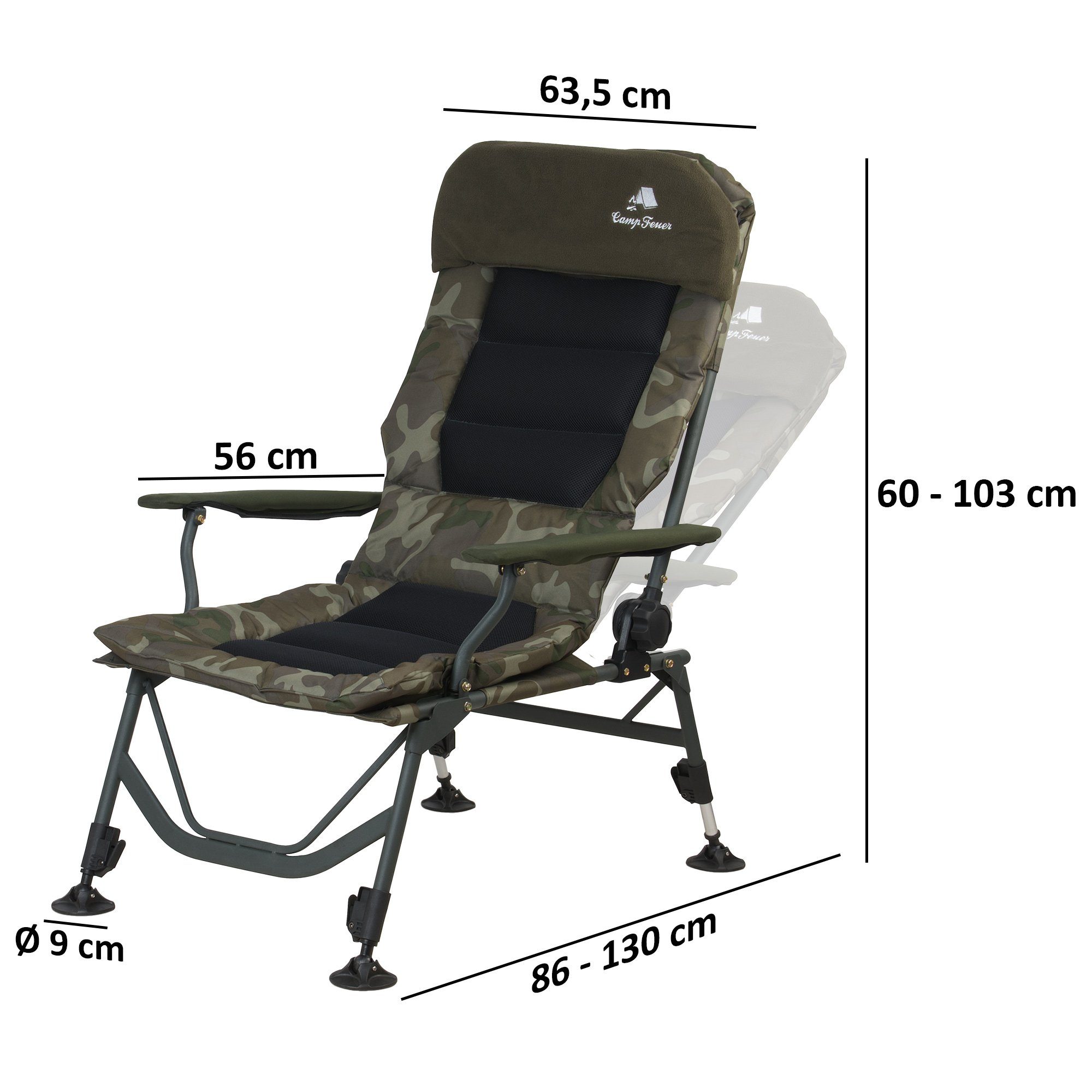 CampFeuer Angelstuhl Angelstuhl, Camouflage olivgrün, Höhenverstellbarer Campings (Karpfenstuhl), Extra breite Schlammfüße verhindern das Einsinken in den Sand/Schlamm