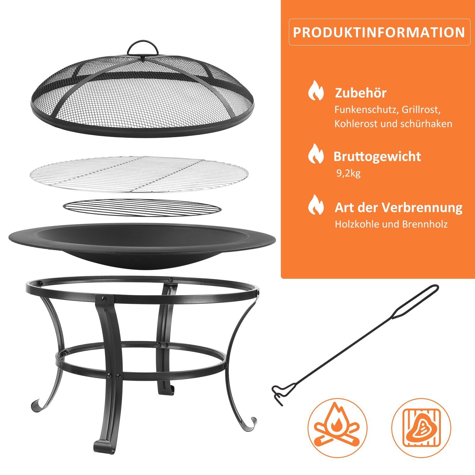 TLGREEN Feuerschale, Ø 76cm Feuerkorb, Feuerstelle für Grillen und Heizen, Schwarz