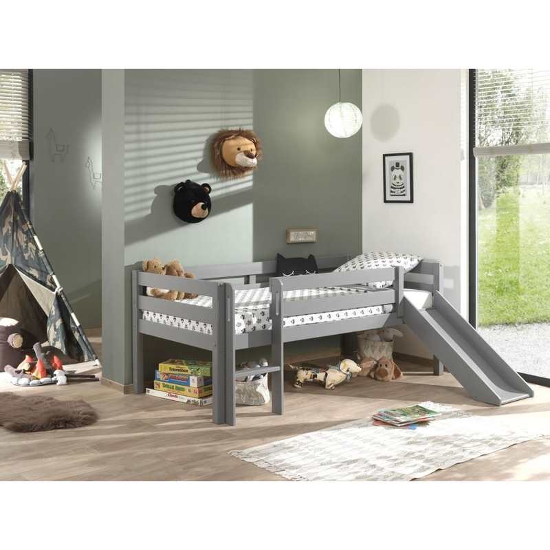 Lit mi-hauteur avec toboggan 90X200cm Pino gris