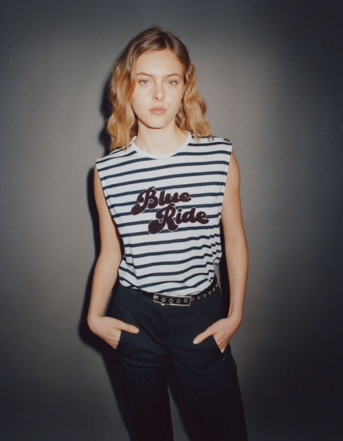 Tee-shirt gris chiné rayé broderie bouclette Femme