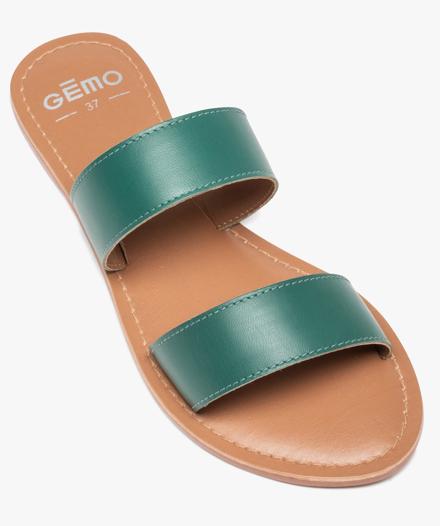 Mules femme plates à larges brides dessus cuir uni vert | GEMO