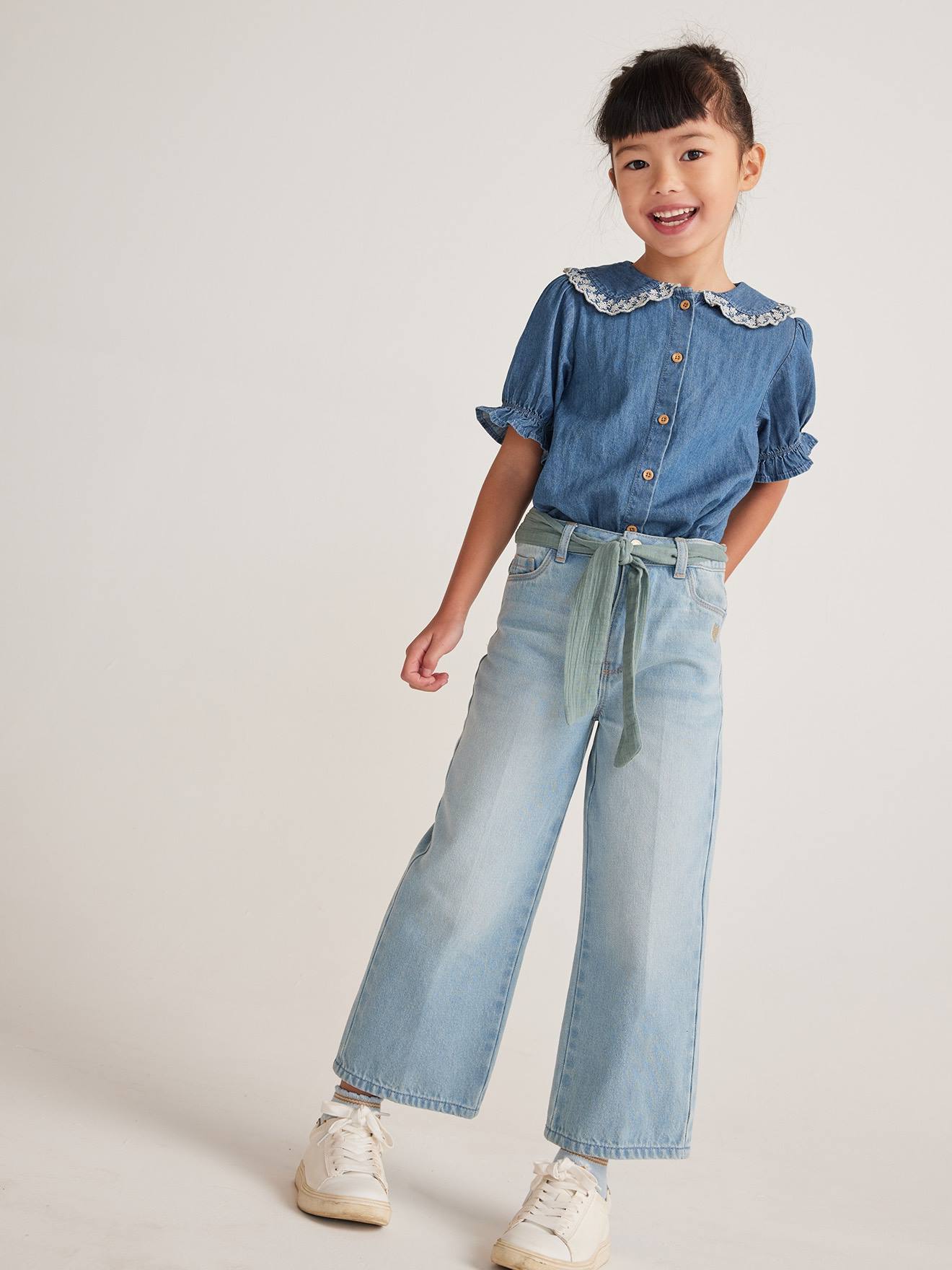 Jean large et sa ceinture en gaze de coton fille longueur chevilles double stone