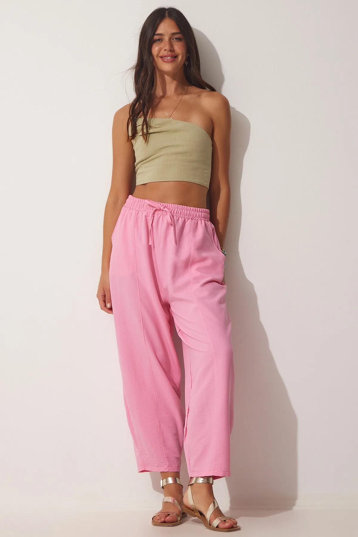 Happiness İstanbul  Rosa Leinen-Shalwar-Hose für Damen DZ00081