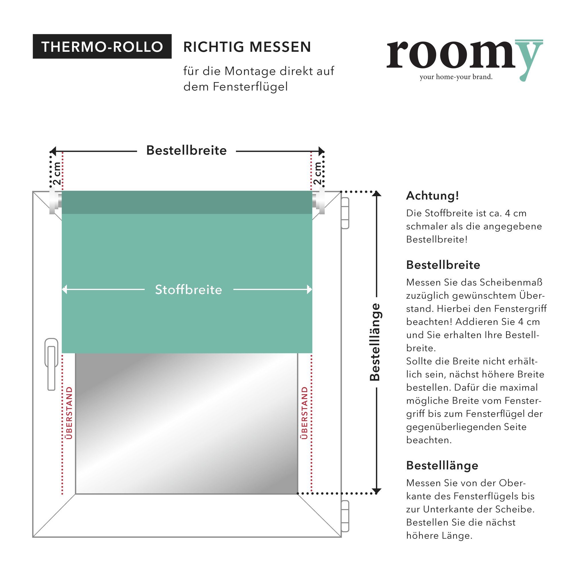 Rollo Thermo-Rollo, Roomy, verdunkelnd, Klemmbar, Anschraubbar, freihängend, Klemmbar, Anschraubbar, Klemmfix ohne Bohren Verdunkelungsrollo Hitzeschutzrollo Sichtschutz, verdunkelnd, abdunkelnd, verstellbare Klemmträger, freihängend, Thermo-Funktion
