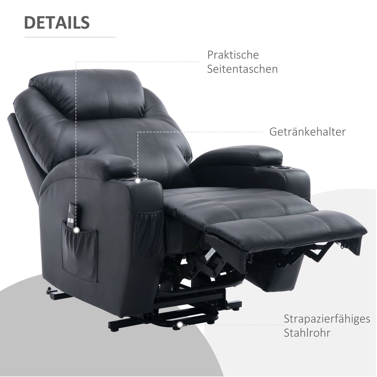 HOMCOM Aufstehsessel Sessel mit Aufstehhilfe Kunstleder Metall Schwarz