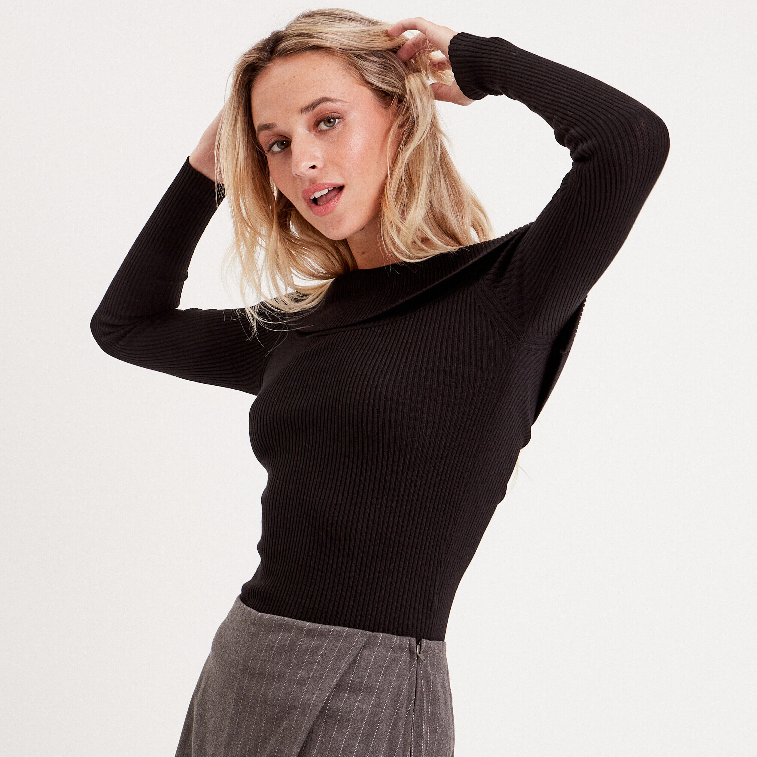 Pull col bardot côtelé noir femme | Cache Cache