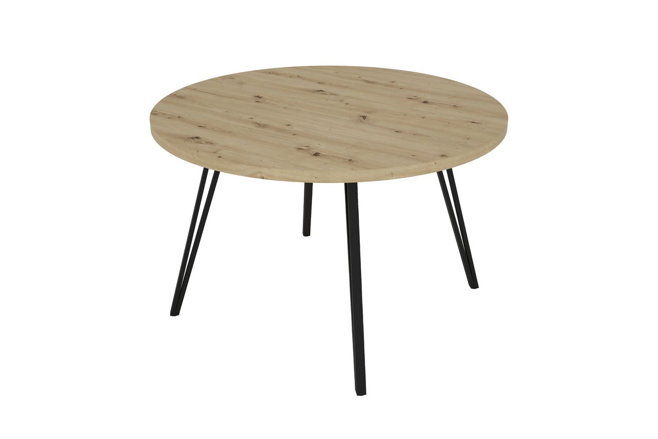 byLiving MARTA Tisch, rund, Breite 120 cm, Metall schwarz pulverbeschichtet, Eiche-Optik
