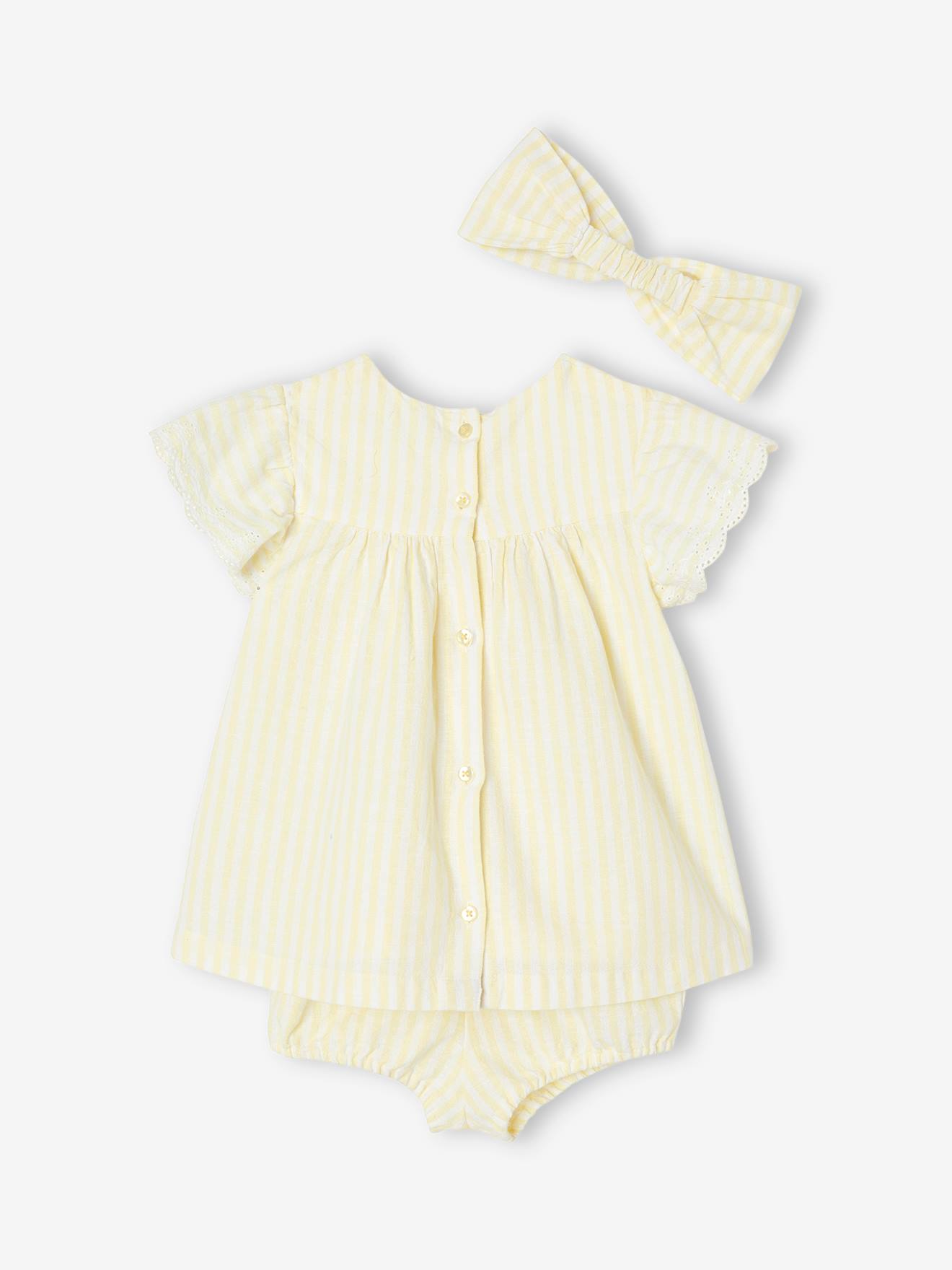 Ensemble 3 pièces Bébé : robe + bloomer + bandeau jaune pastel