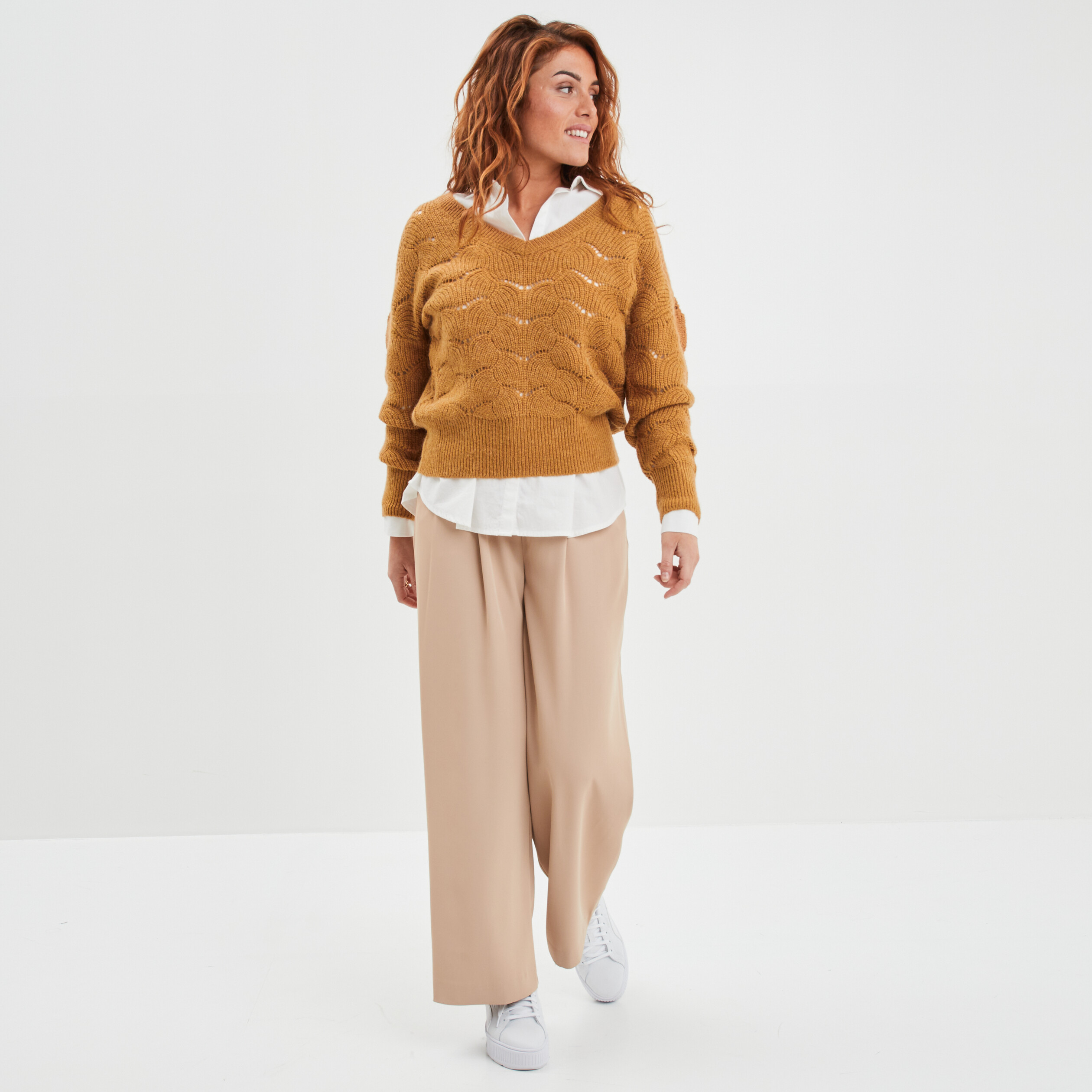 Pantalon city wide leg à pinces sable femme | La Halle
