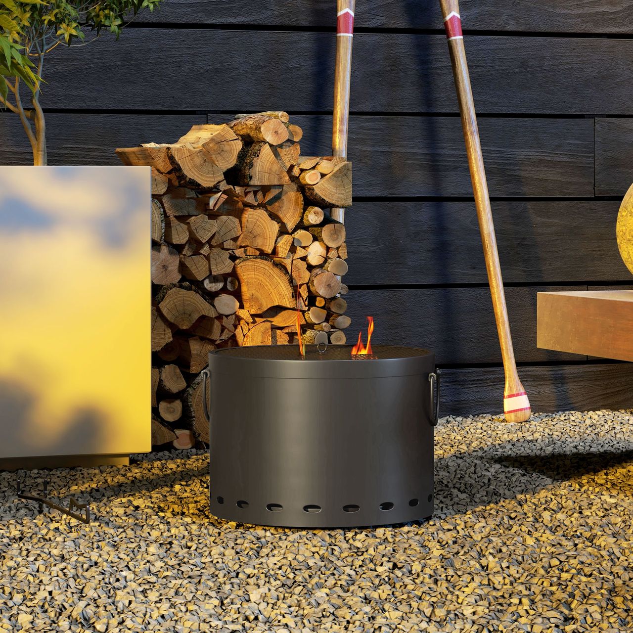Outsunny Feuerstelle Ø38cm Rauchfrei Holzfeuerschale mit Schürhaken Funkenschutz