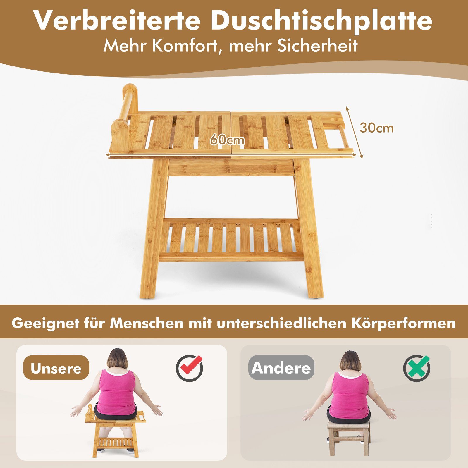 COSTWAY Duschhocker Badehocker, belastbar bis 150 kg, mit Griff, aus Bambus