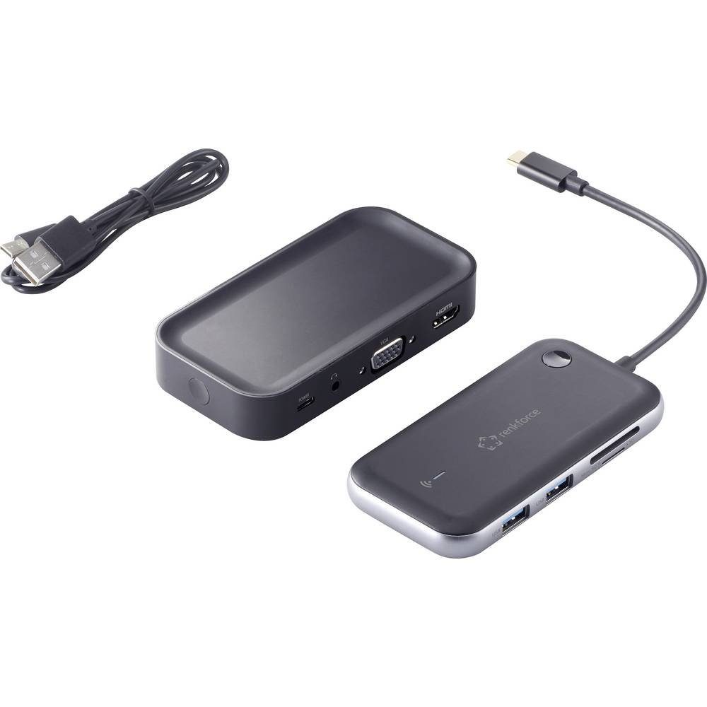 Renkforce Laptop-Dockingstation USB-C Hub zur drahtlosen Bildübertragung, drahtlose Bildübertragung, integrierter Kartenleser
