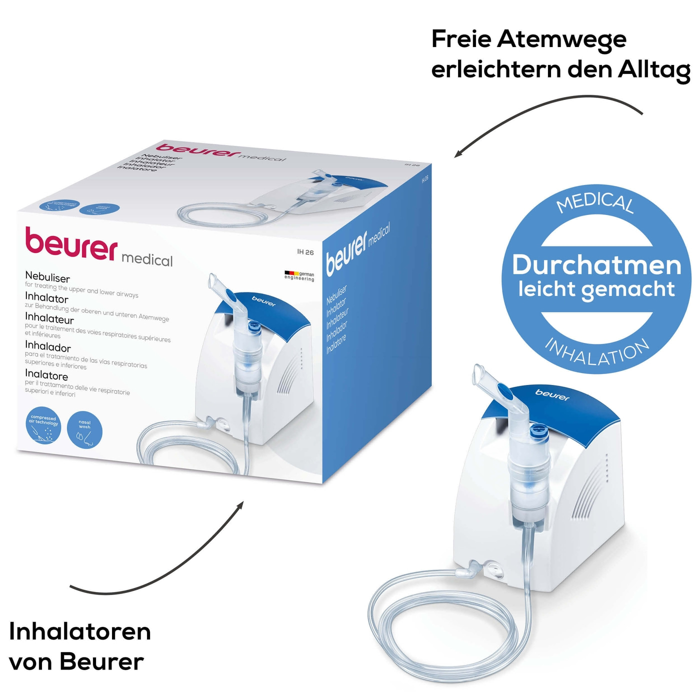 Beurer Inhalator IH 26-Inhalator mit Kompressor-Drucklufttechnologie & hohe Verneblung inkl. Nasendusche
