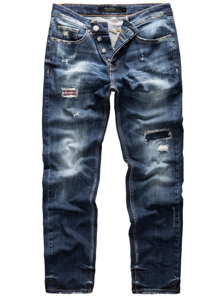Amaci&Sons Regular Fit Destroyed Jeans KANSAS in Dunkelblau (Patches) günstig kaufen