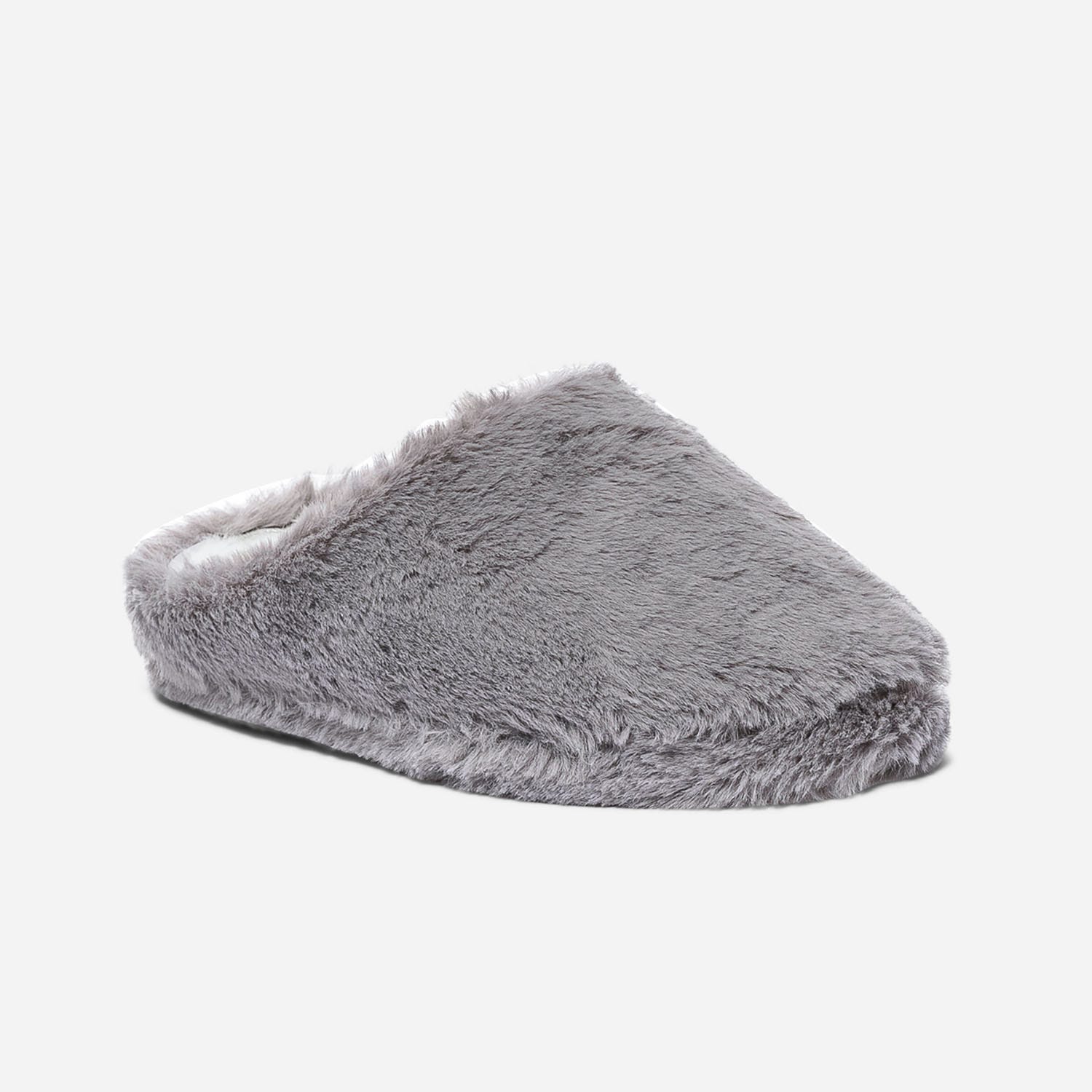 Chausson-mule gris en fausse fourrure et fourré
