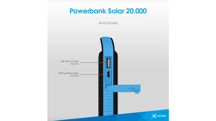 Zusatzakku XLayer Powerbank PLUS Solar Black/Blue 20.000 mAh