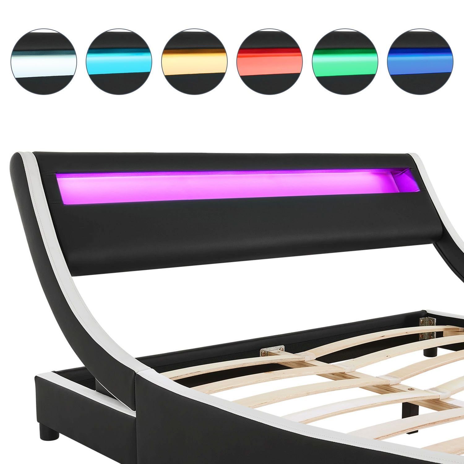 Juskys Polsterbett Valencia, 140 x 200 cm, Doppelbett mit Lattenrost, LED-Beleuchtung und Fernbedienung