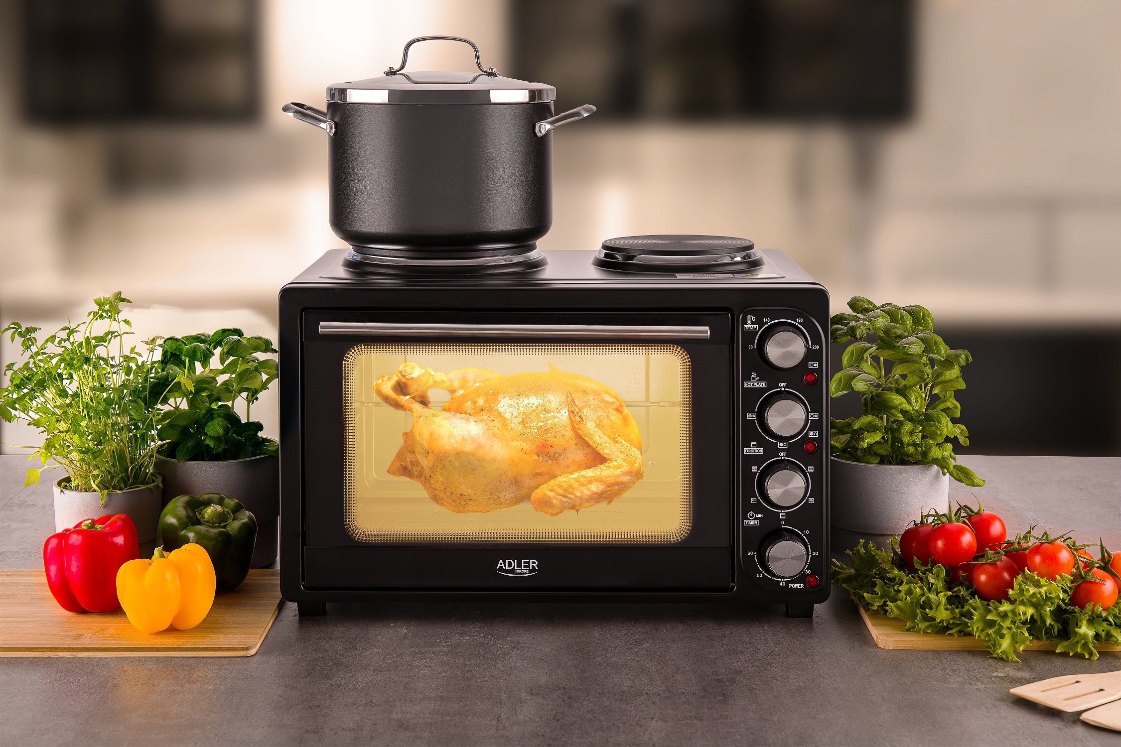 JUNG Minibackofen ADLER AD6020 Minibackofen 36L mit 2 Kochplatten, Umluft / Heißluft, Mini Backofen mit Herdplatte, 4600W, Timer, kleiner Backofen klein