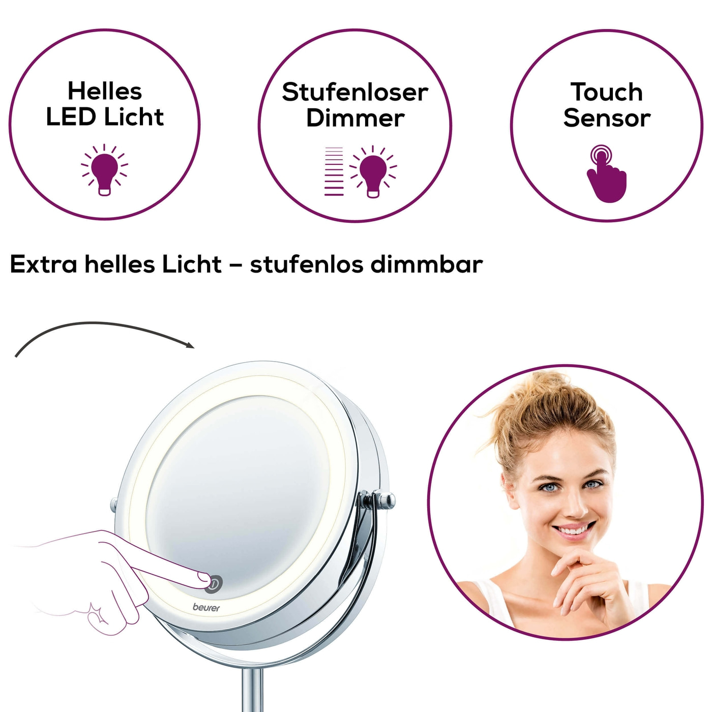 Beleuchteter Kosmetikspiegel BS 55-Beleuchteter Standspiegel mit 7-fach Zoom & Touch Sensor