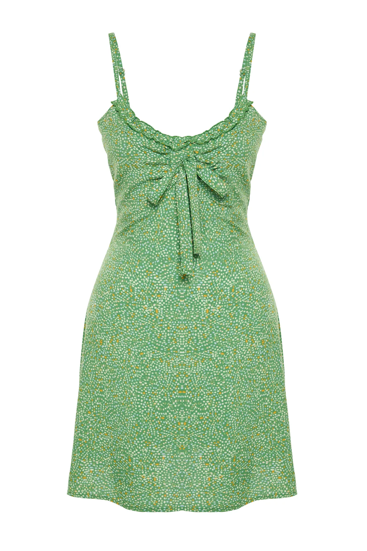 Trendyol Collection  Dunkelgrünes A-Linien-Mini-Webkleid mit Schnürdetail und Blumendruck TWOSS21EL3214
