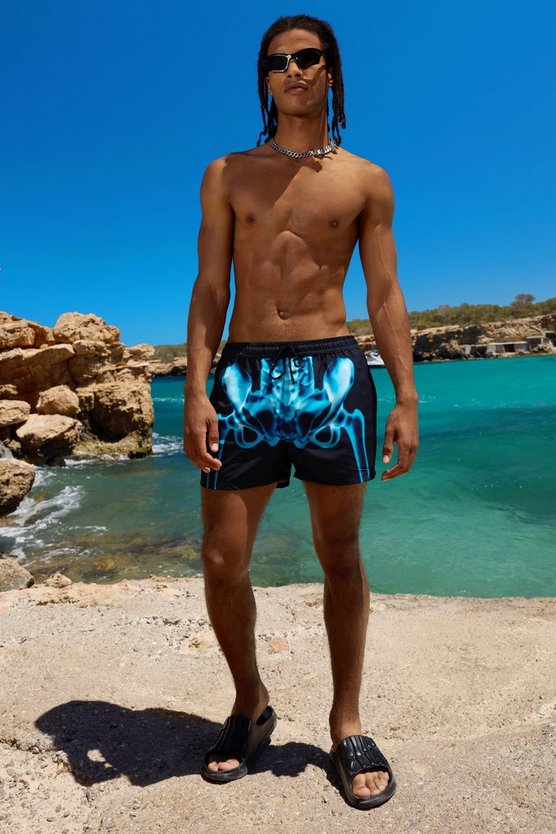 Mittellange Badehose mit Skelett-Print