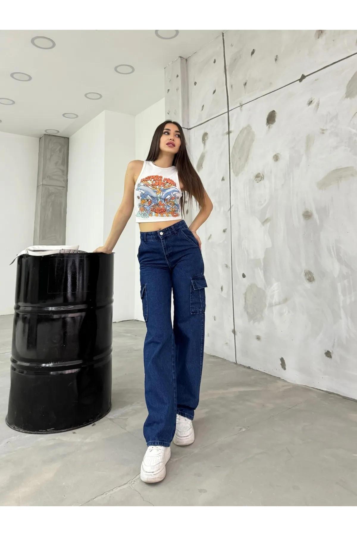 BİKELİFE  Marineblaue Cargohose mit hoher Taille und weitem Bein für Damen