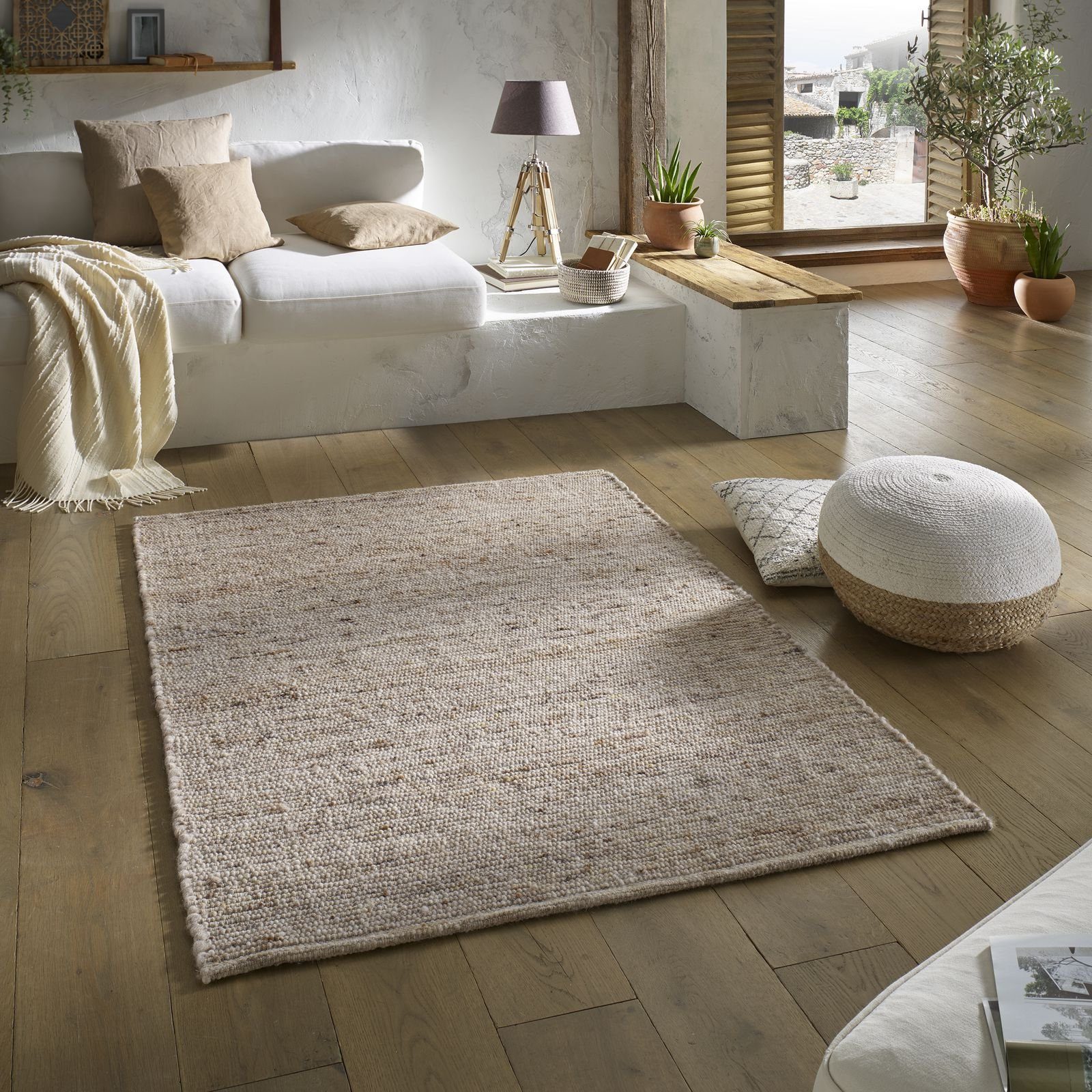 Wollteppich TaraCarpet Handwebteppich Malmoe, TaraCarpet, rechteckig, Höhe: 10 mm, Schurwolle Webteppich sand meliert Wohnzimmer Schlafzimmer 060x090