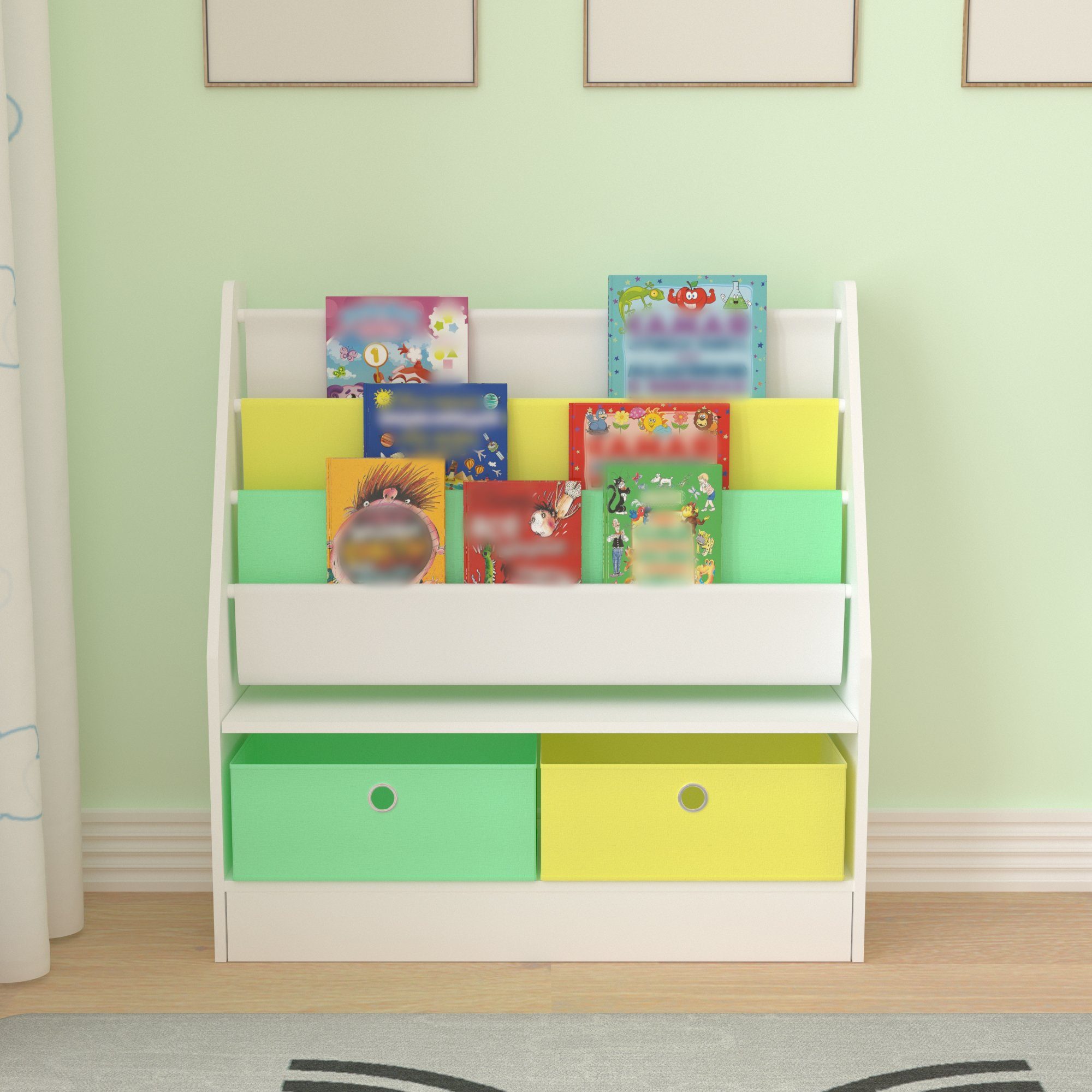 en.casa Bücherregal, Neda Kinderregal 74x71x23 cm mit Dinosaurier-Motiv Weiß/Grün/Gelb