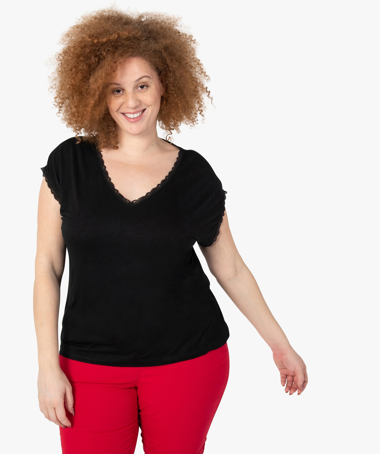 Tee-shirt femme grande taille à manches courtes et col V et... noir | GEMO
