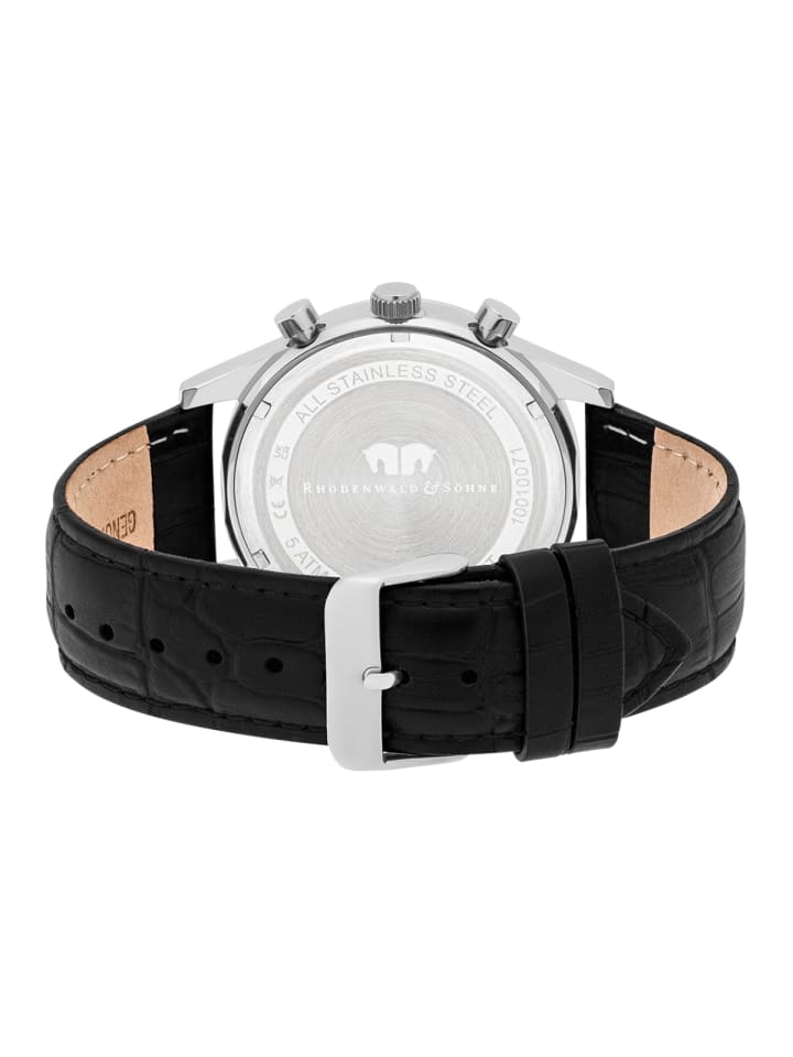 Rhodenwald & Söhne Herren Chronograph silber/schwarz Echtleder schwarz in schwarz günstig kaufen 21,5 cm