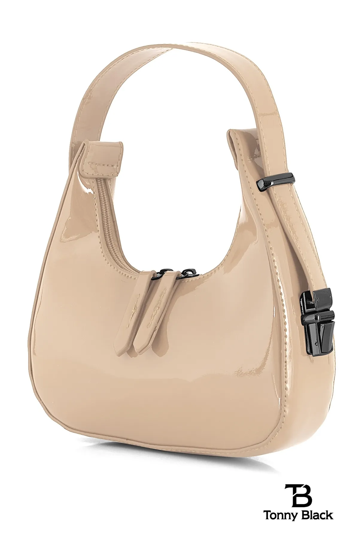 Tonny Black  Original neue Saison glänzendes Lackleder-Baguette-Modell, einäugige, stilvolle Handtasche und Umhängetasche, Nerz