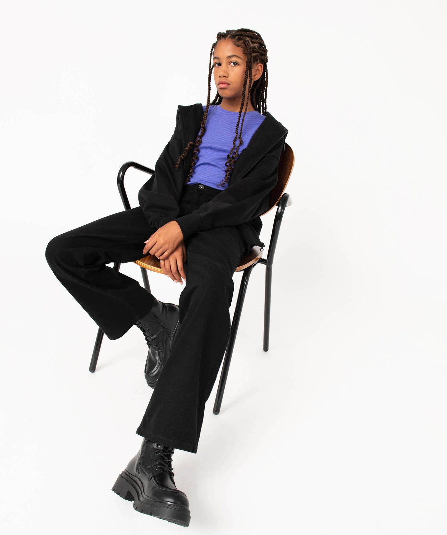 Pantalon en toile coupe large à taille haute fille noir | GEMO