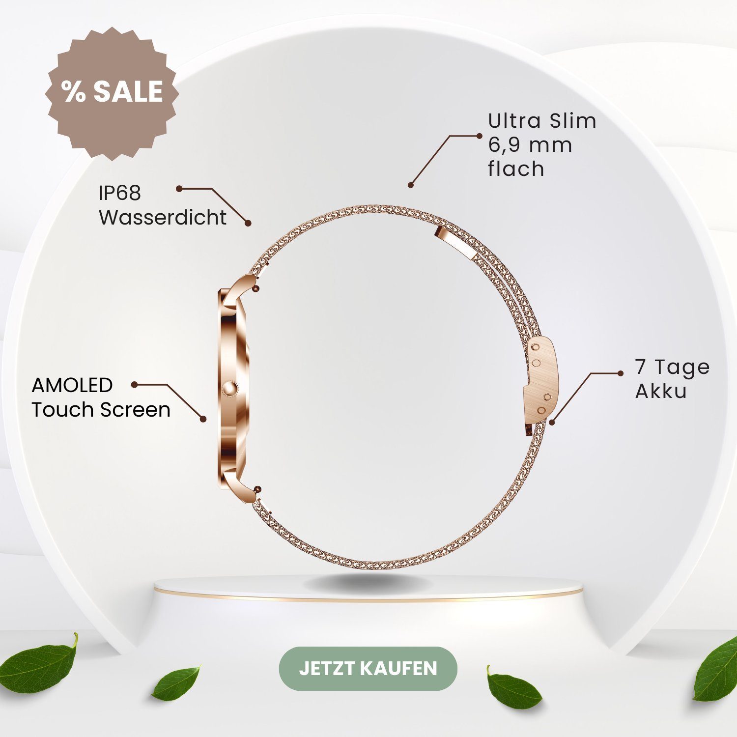 XCOAST SIONA 2 Damen Smartwatch (4,2 cm/1,3 Zoll, iOS und Android) Kostenloses Zusatzarmband enthalten / Gehäuse Rosegold (hell), 4-tlg., - 2in1 PROMOPACK (enthält 2 Mesh Armbänder: Schwarz und Rosegold) -, Wasserdicht/Flach/Puls/Blutdruck/Blutsauers