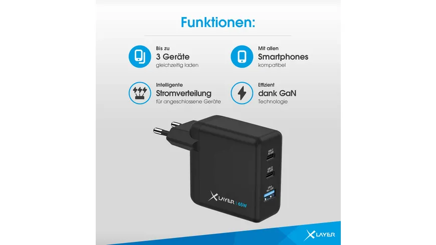 XLayer Powercharger 65W mit 2x USB Typ C & 1x USB Typ A Black